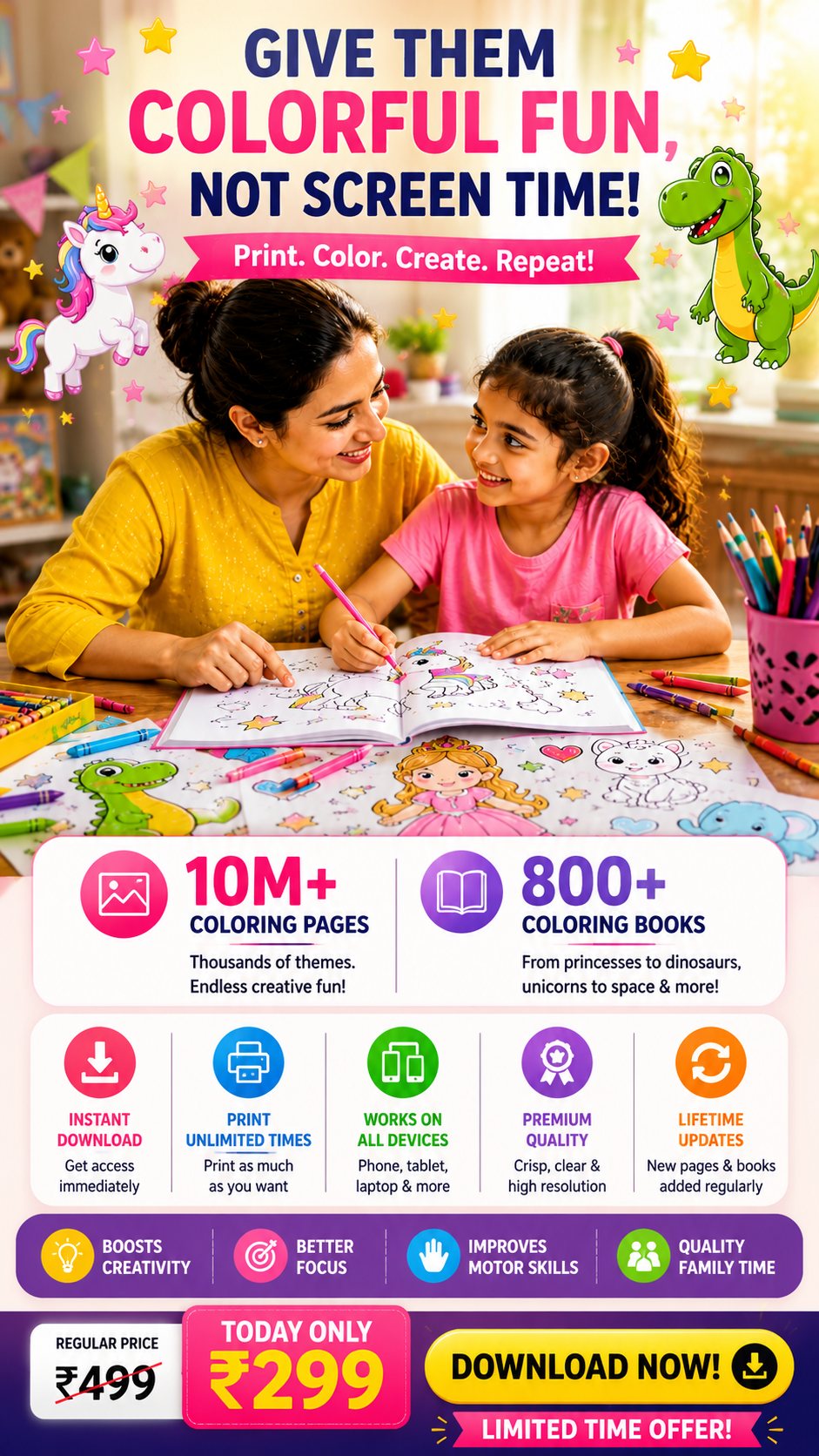 Indian mother and daughter colouring together at home