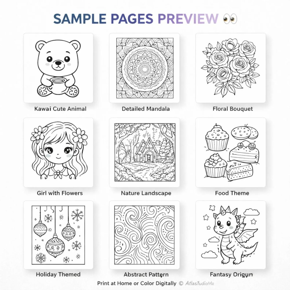 Sample coloring pages: animals, mandalas, flowers, landscapes and more